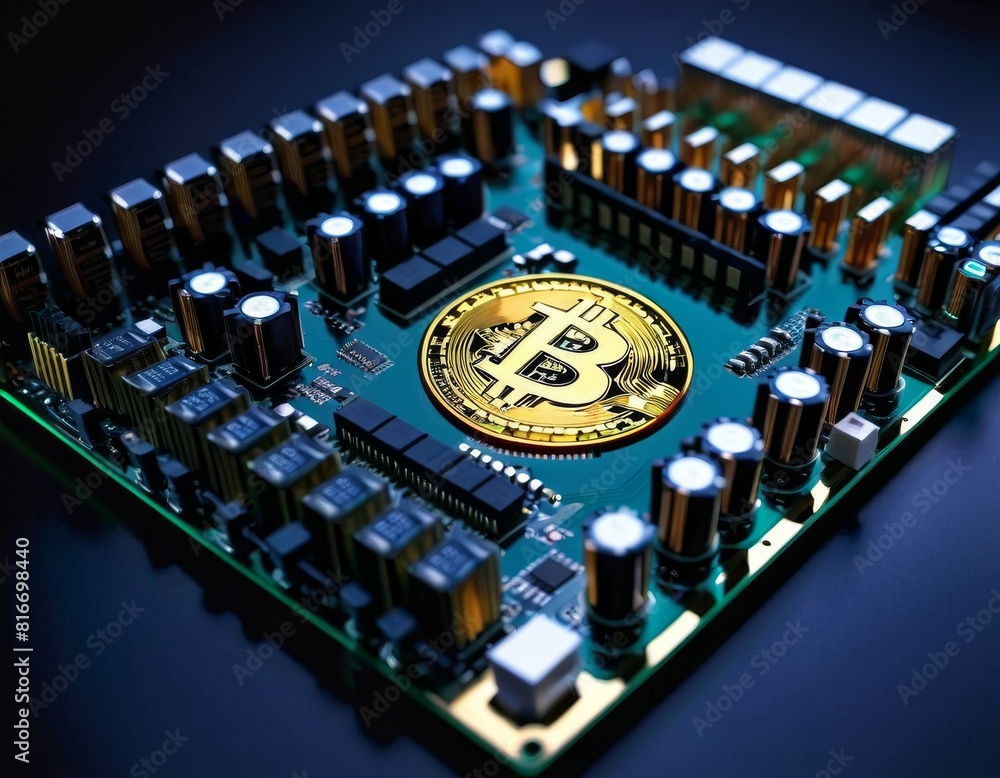 Poster a stunning close-up of a golden bitcoin symbol on a circuit board, illustrating cryptocurrency techn