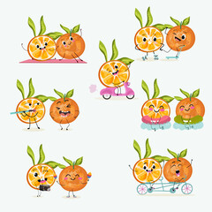 Cute orange, tangerine fruit characters set, collection. Flat vector illustration. Activities, playing musical instruments, sports, funny fruits.