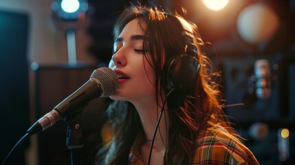 Engaged Radio Host: Young Woman with Headphones Recording a Podcast in Studio