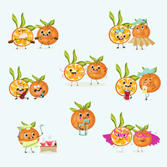 Cute orange, tangerine fruit characters set, collection. Flat vector illustration. Activities, playing musical instruments, sports, funny fruits.