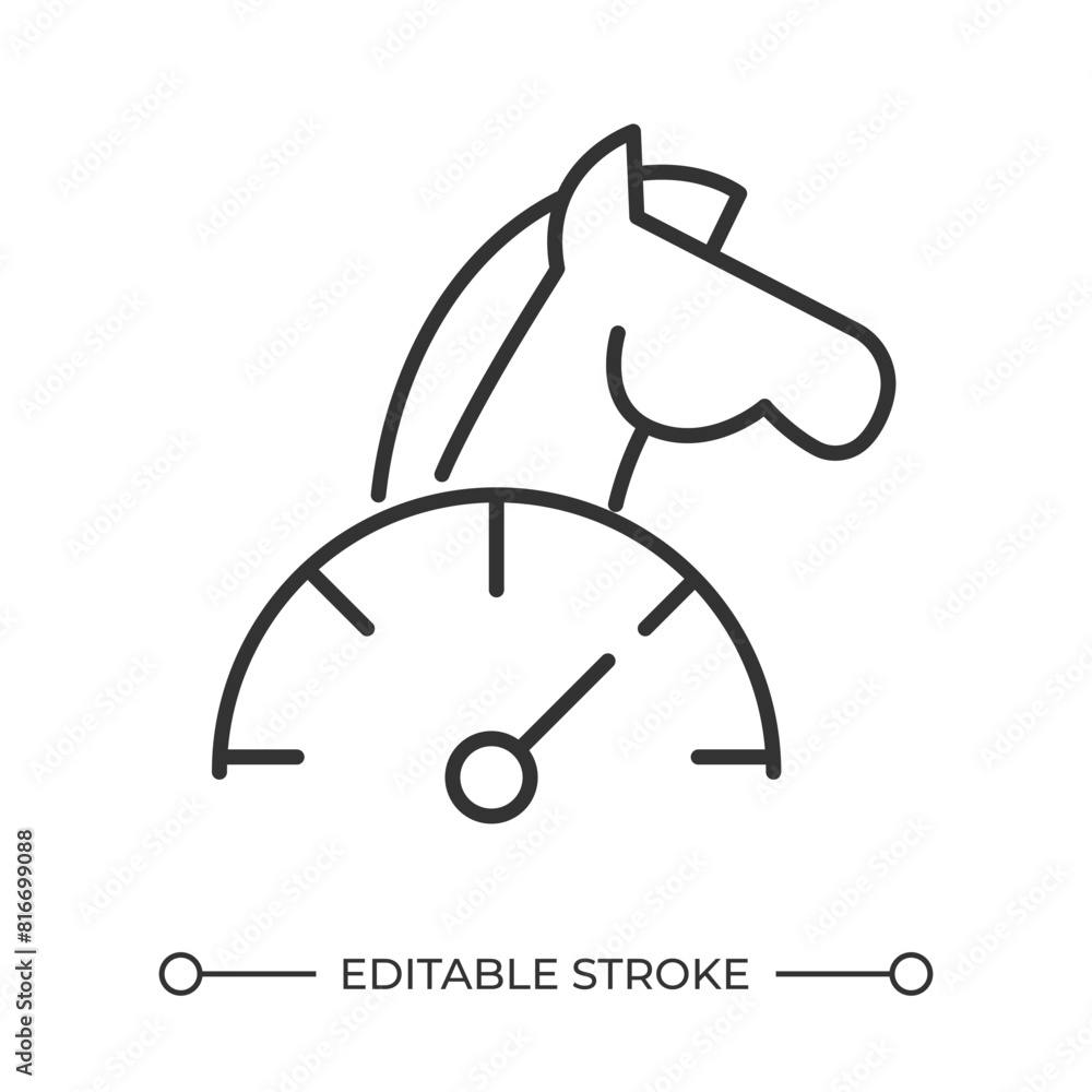 Poster horsepower linear icon. horse and speedometer. power measurement. vehicle performance. motor strengt