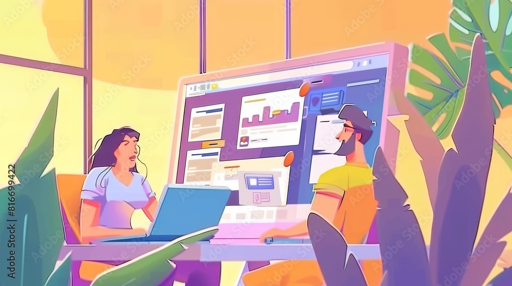 Poster the cartoon illustration depicts two characters creating a website. they are a woman holding a table