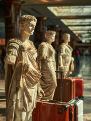 Naklejka premium Old statues from ancient Greece and Rome are depicted as if they are travelers at the airport, carrying suitcases.