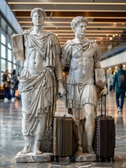 Naklejka premium Old statues from ancient Greece and Rome are depicted as if they are travelers at the airport, carrying suitcases.