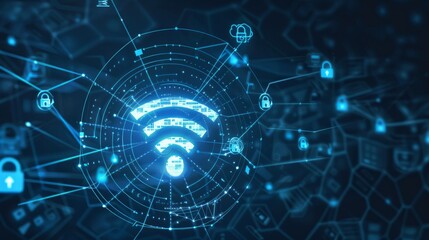 a dark blue background, with a large wifi logo in the center.