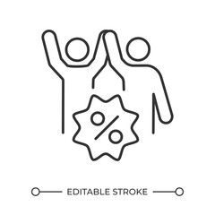 Referral discount linear icon. Friends and percentage symbol. Marketing strategy. Loyalty program. Special offer. Thin line illustration. Contour symbol. Vector outline drawing. Editable stroke