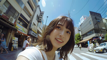 街中で自撮りを楽しむアジア人女性Youtuber