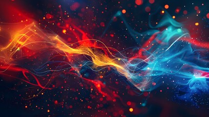 A colorful swirling line of fire with red blue and yellow colors. The fire is surrounded by a lot of small, bright dots