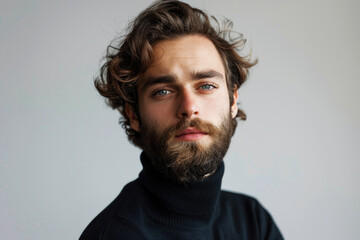 Obraz premium Portrait of a man with a stylish beard wearing a black turtleneck posing confidently against a grey studio backdrop