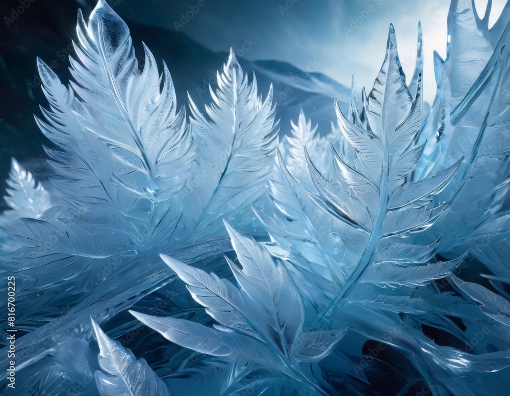 Poster this detailed close-up captures the intricate patterns and textures of ice resembling delicate, feat