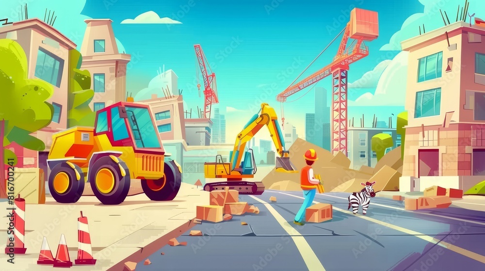 Poster an engineer and architect are on site with excavators and cranes on a street with zebras, related to