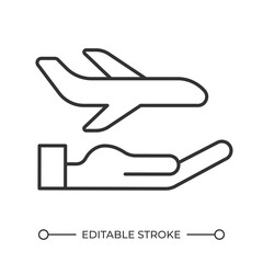 Travel insurance linear icon. Transportation service. Plane trip. Airline services. Hand holds airplane. Thin line illustration. Contour symbol. Vector outline drawing. Editable stroke