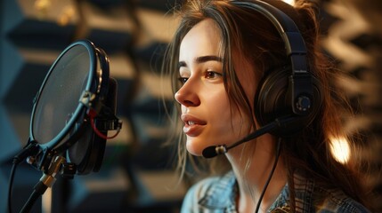Engaged Radio Host: Young Woman with Headphones Recording a Podcast in Studio