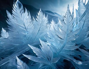 This detailed close-up captures the intricate patterns and textures of ice resembling delicate, feather-like formations.. AI Generation