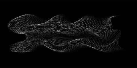 Flowing dots particles wave pattern 3D curve halftone white grey gradient curve shape isolated on black background. Vector in concept of technology, science, music, modern.