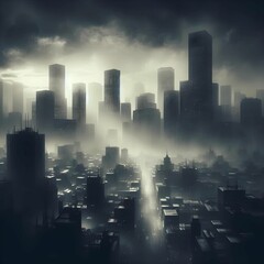 Atmospheric, film noir cityscape, shrouded in shadow, digital art