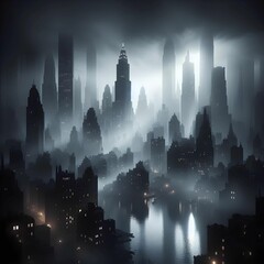 Atmospheric, film noir cityscape, shrouded in shadow, digital art