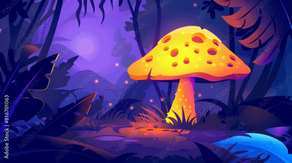 Poster modern parallax background for 2d game animation with cartoon illustration of fantastic mushroom in 