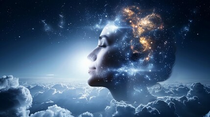 double exposure of woman portrait and galaxies
