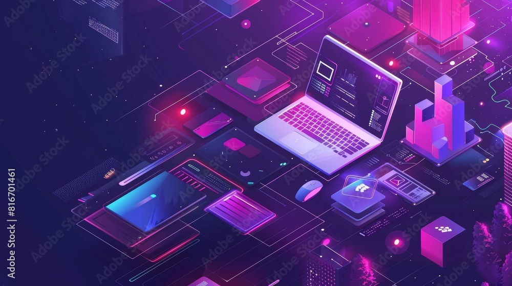Poster modern landing page of organize database with isometric laptop and folder. concept of sorting and or