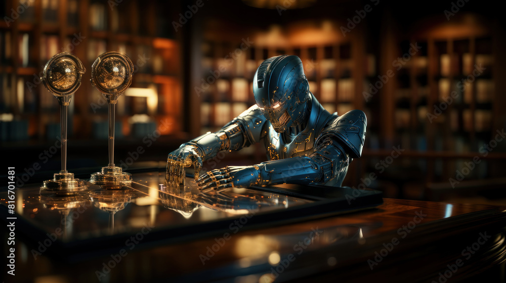 Poster futuristic robot hand touching digital interface in a library