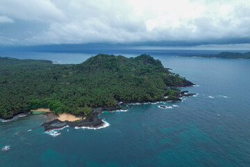Aerial view from the Piscina beach and South cost of Sao Tome