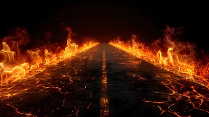 A fiery road with a dark sky in the background. The fire is so intense that it is almost as if it is consuming the entire road