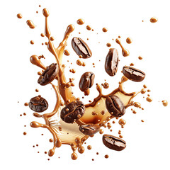 Splash of Coffee beans with milky coffee. Concept for coffee product advertising. Isolated on transparent background