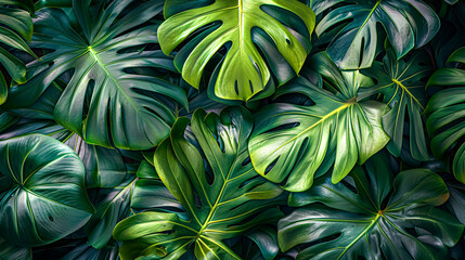 Green leaves background. Tropical leaves texture. Top view, flat lay. 