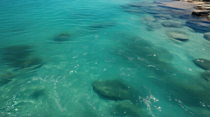 Obraz premium Aerial View of a Girl Swimming in Turquoise Clear Ocean Water Near a Rocky Shoreline