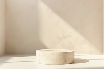Minimalist Product Podium. A serene composition featuring a cylindrical stone podium in a warmly lit space with soft shadows.	
