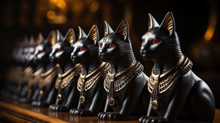 Alley of Sphinxes with Egyptian Cat Statues in Dark Background