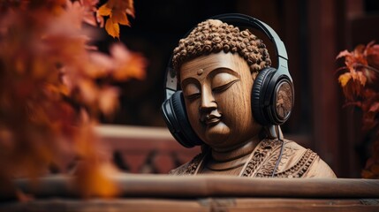 Ancient Asian Statue Wearing Headphones With Autumn Leaves Background