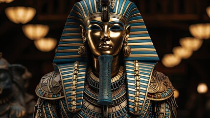 Ancient Egyptian Pharaoh Gold and Blue Mask Replica in Museum Setting