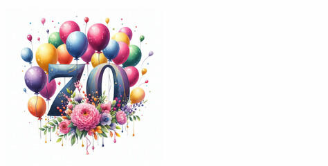 Watercolor balloons with the number 70 on a white background - Happy 70th birthday card with copy space to add text