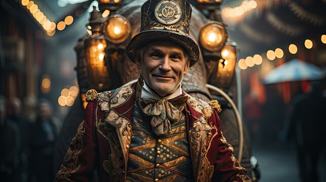Extravagant Circus Performance Featuring Charismatic Ringleader in Vintage Costume