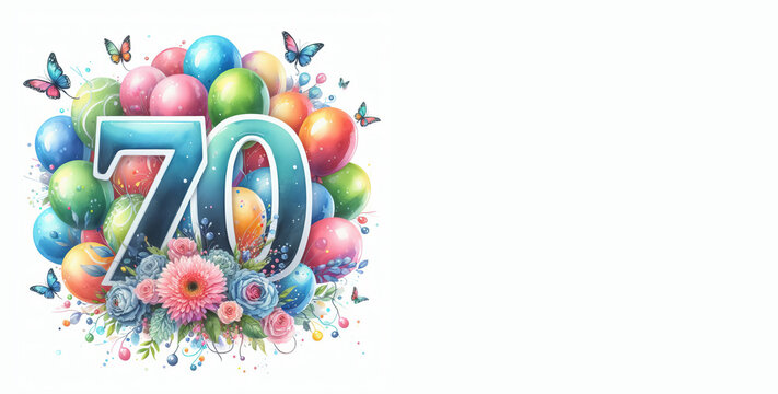 Watercolor balloons with the number 70 on a white background - Happy 70th birthday card with copy space to add text
