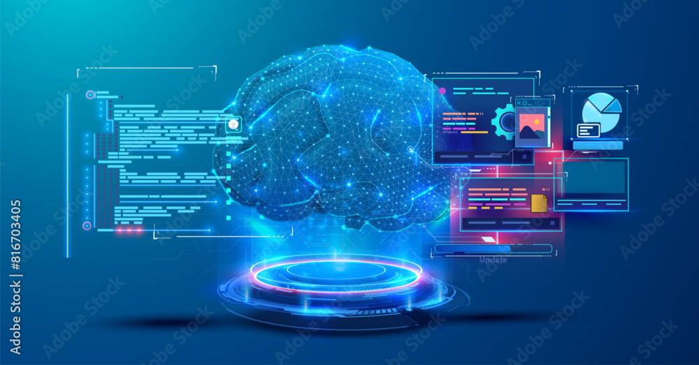 Poster Artificial Intelligence Brain with Data Visualization and Interface Elements