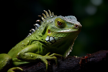 Fototapeta premium A green chameleon is sitting on a branch.