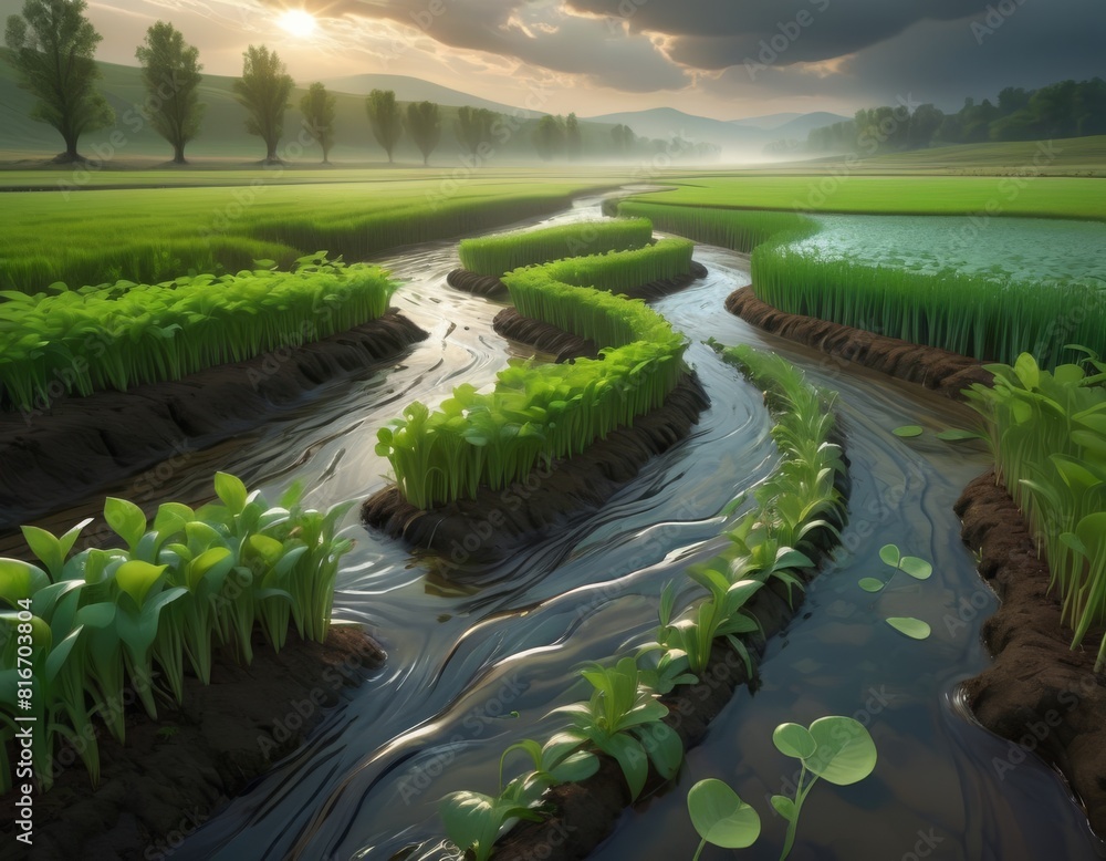 Poster twisting waterways meander through lush green fields against a backdrop of distant mountains and a m