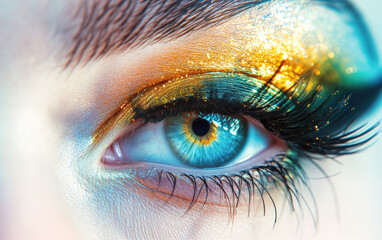 A woman's eye with gold and green eye shadow