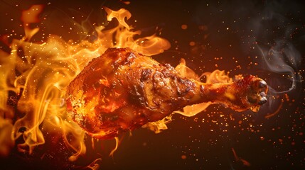 A succulent chicken leg grills over open flames, highlighted by the intense fire that adds a smoky flavor. The image features a close-up view of a chicken leg being grilled, surrounded by flames.