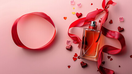 Perfume with red ribbon and hearts for Valentines day