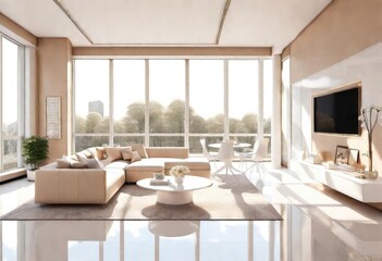 Serene living space with large windows and elegant white furnishings, Modern living room design featuring white furniture and spacious windows, Bright living room with white furniture.
