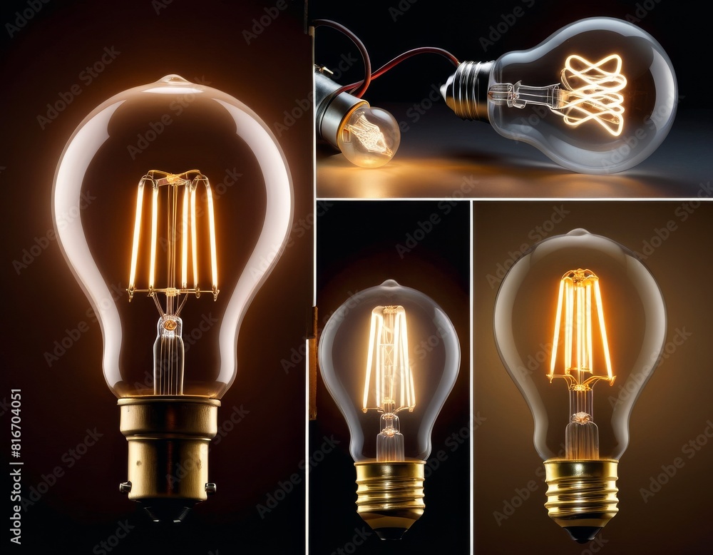 Poster a collage showing a range of lightbulbs from vintage designs to modern leds, illuminating with a war