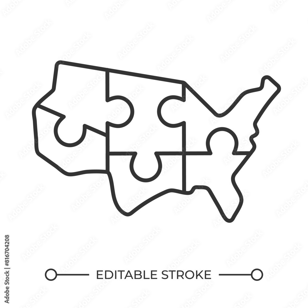 Poster national unity linear icon. abstract map of the united states. regional interdependence. puzzle piec