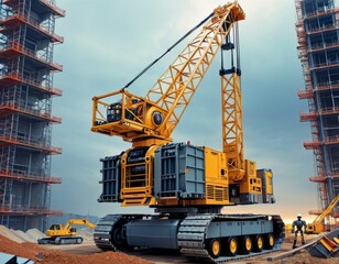 A massive yellow tower crane looms over a construction site with workers and machinery.. AI Generation