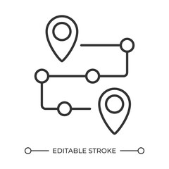 Route linear icon. Gps navigation. Location marker. Supply chain. Customer journey. Product roadmap. Thin line illustration. Contour symbol. Vector outline drawing. Editable stroke