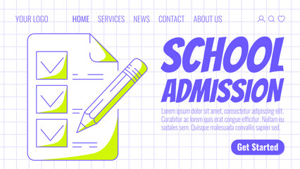 School admission, sheet of paper with checkmarks, pencil. Back to school, education, learning concept. Vector modern template for banner, poster, landing page, website. Checkered background