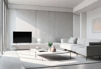 Clean and bright living room with TV and coffee table, Stylish white living room featuring a TV and coffee table, A modern white living room with a television and coffee table.